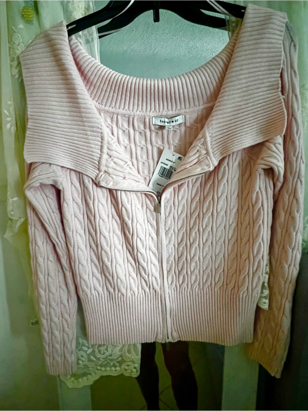 Hooked Up by IOT Light Pink Off-the-Shoulder Cable Knit Zip Cardigan